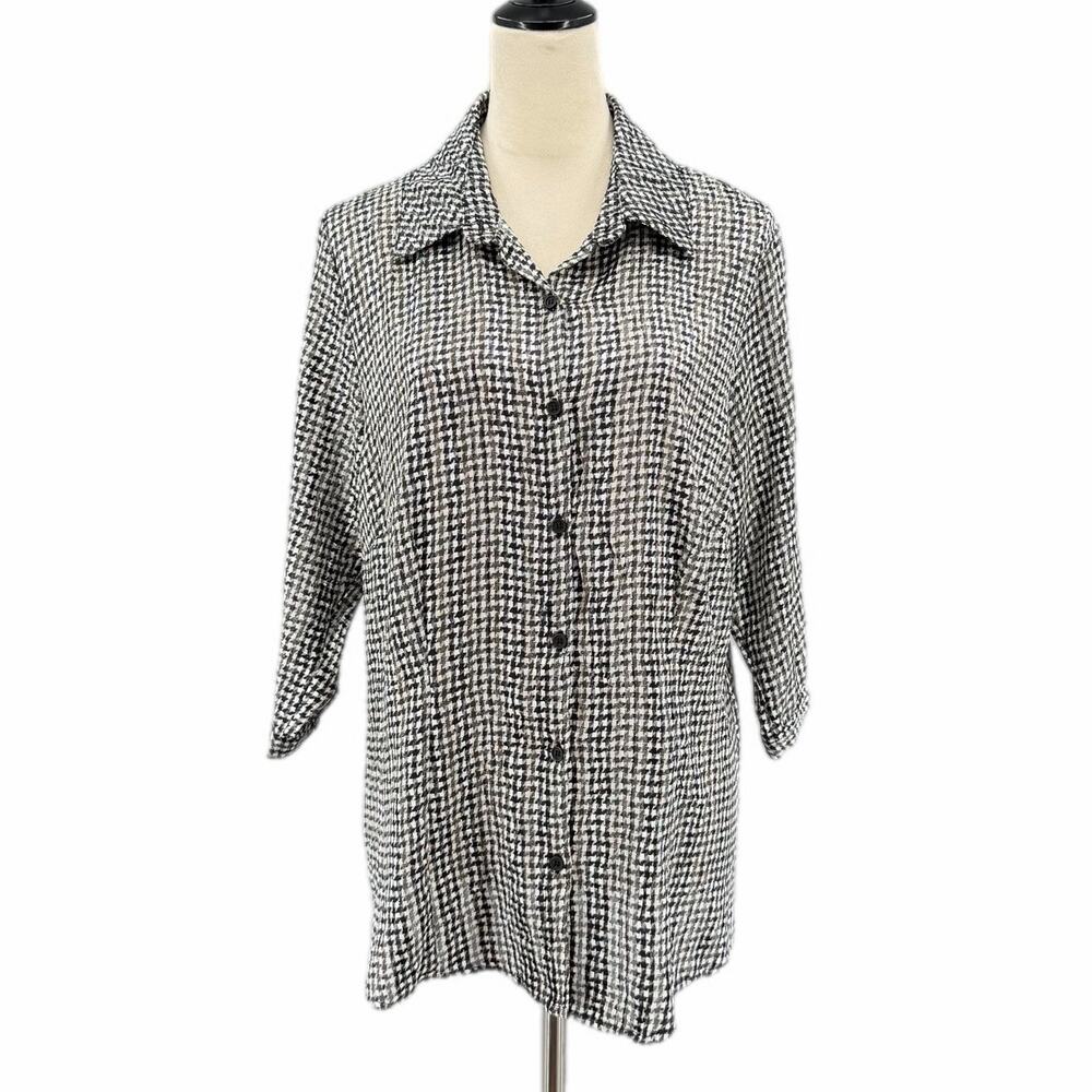 Hagara Sz 2 Houndstooth Black White Button Up Collared 3/4 Sleeve Blouse Top
